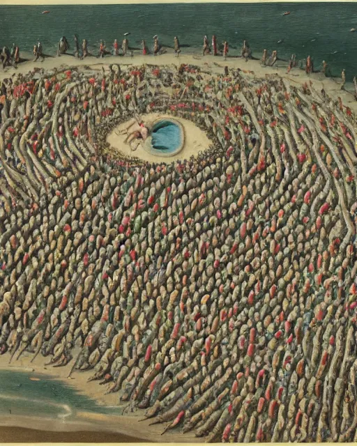 Image similar to drone photograph of the gigantic muscular body of gulliver, a young man from the early 1 7 th century, lies unconscious on a lilliputian beach, surrounded by thousands of tiny lilliputians wearing strange clothes. gulliver is dressed in early 1 7 th century male clothing designed in the style of sandy powell. hyperreal and cinematic, photorealistic, gulliver ’ s travels