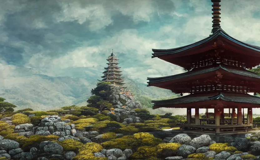 Image similar to highly detailed painting of old, ruined, fractured japanese pagoda from sengoku period, surrounded by dense rock formations, high in mountains, cinematic lighting, photobash, unreal engine render, nanite, raytracing, volumetric lighting