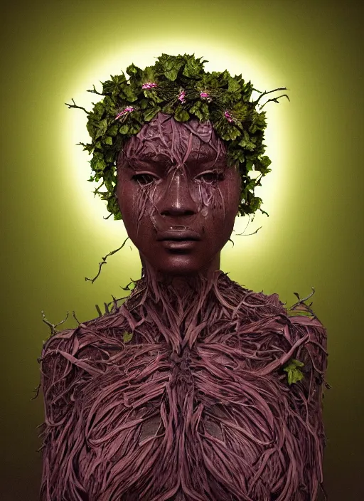 Prompt: biblical daemonic black woman made out of ivy and flowers, glowing veins, rule of thirds, close - up, portrait by greg hildebrandt, studio lighting, muted colors, by terry richardson, by leonardo davinci, by beeple, ultrarelistic, extreme detail, caustics, trending on artstation, 8 k, octane renderer, rtx on