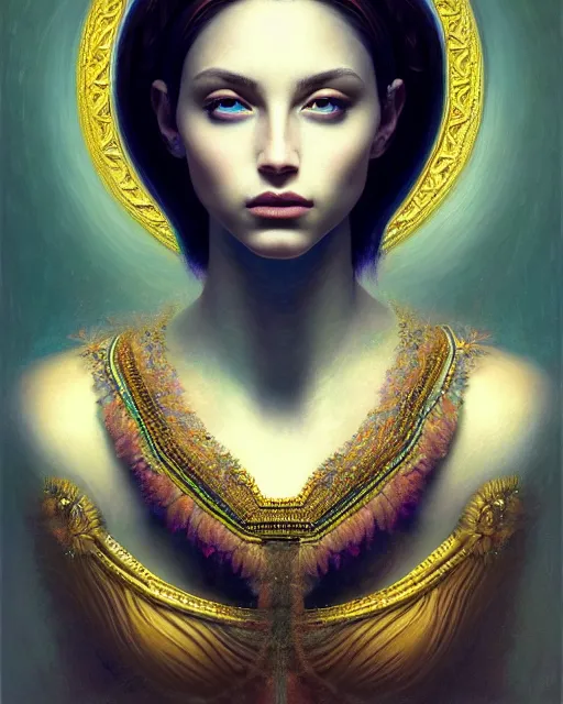 Prompt: portrait of a beautiful goddess, enigmatic beauty, head in focus, intricate, esoteric, elegant, highly detailed, hyperrealistic painting, concept art, painterly, sharp focus, art by