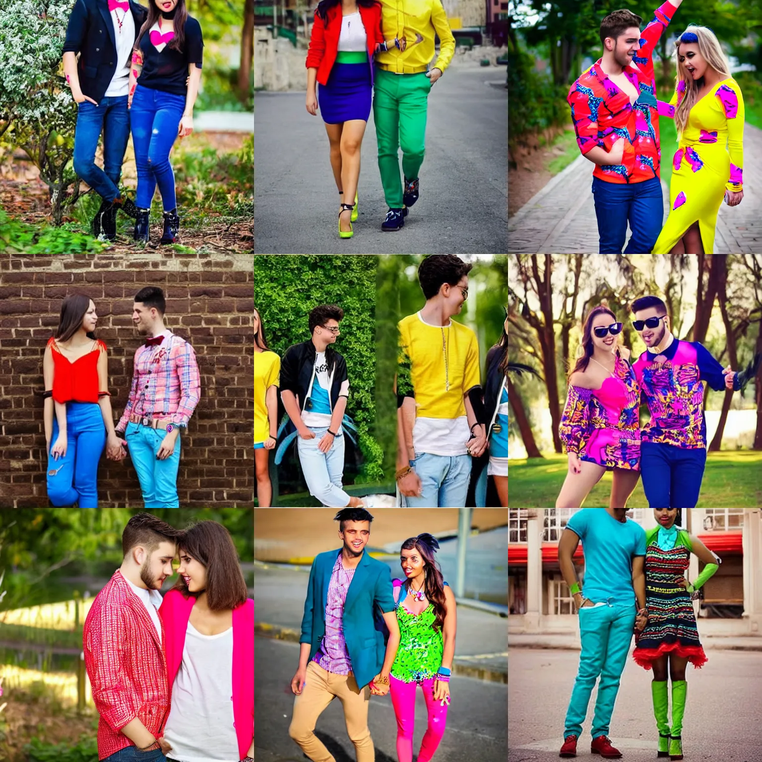 Prompt: attractive young couples wearing matching, really gaudy, brightly colored clothes