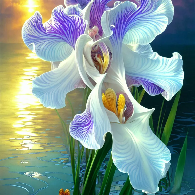 Prompt: detailed giant white holographic orchid iris hybrid flower surrounded by waves, lsd water, lsd ripples, droplets, backlit, sunset, refracted lighting, art by collier, albert aublet, krenz cushart, artem demura, alphonse mucha