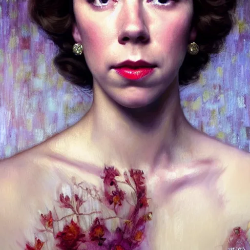 Prompt: vanessa kirby as dark - haired princess margaret, a beautiful closeup oil painting, she has tears running down her face, wet lips, perfect eyes, insanely detailed, elegant, by wlop, rutkowski, livia prima, mucha,