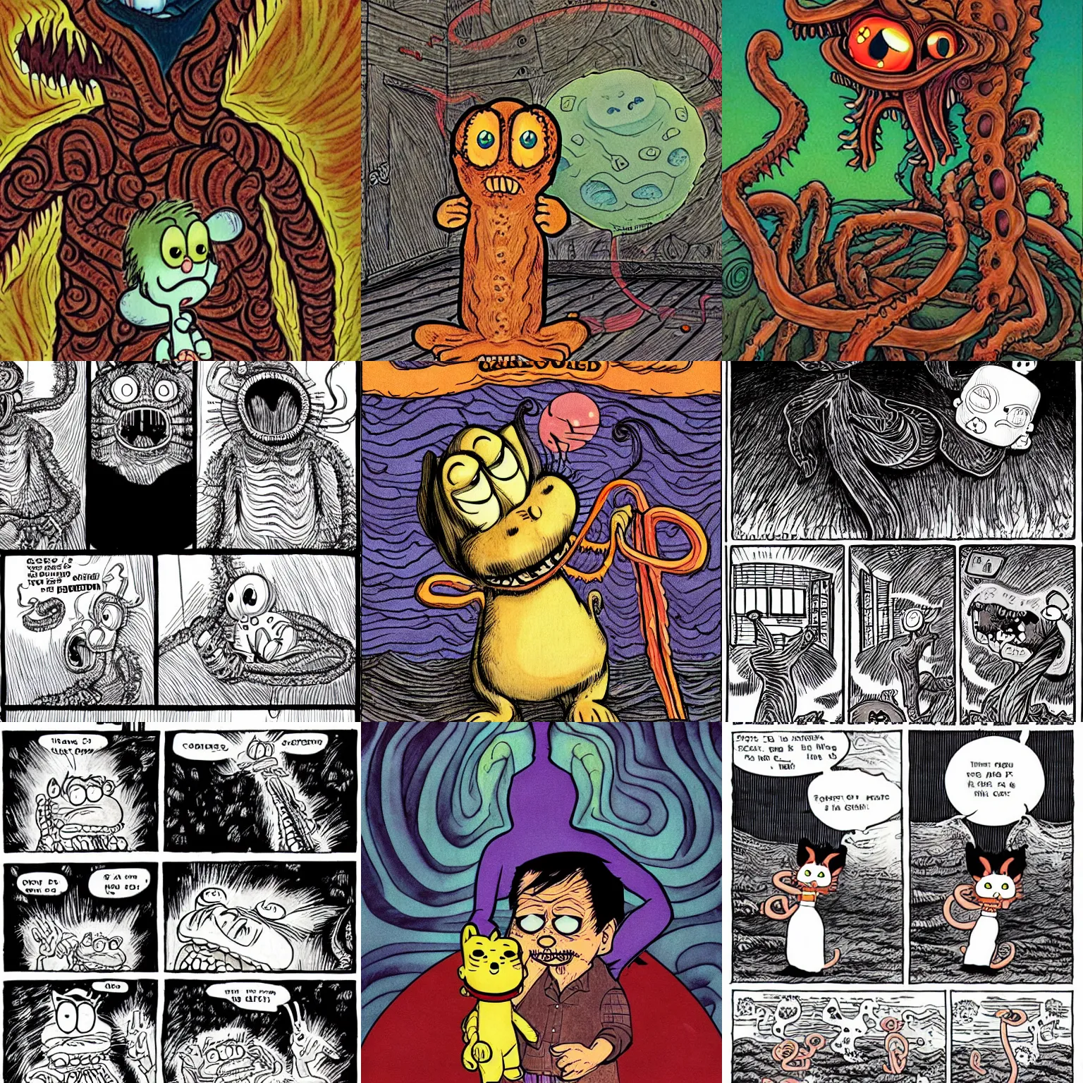 Prompt: Garfield as an eldritch abomination, illustrated by Junji Ito