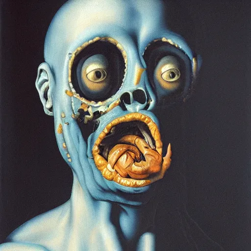 Image similar to oil painting with black background by christian rex van dali todd schorr of a chiaroscuro portrait of an extremely bizarre disturbing mutated man with acne intense chiaroscuro obscuring features lighting perfect composition masterpiece