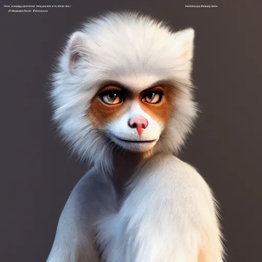 Image similar to fox as a monkey as a cat, fluffy white fur, extremely long tail, award winning creature portrait photography, extremely detailed, artstation, 8 k, sensual lighting, incredible art, wlop, artgerm