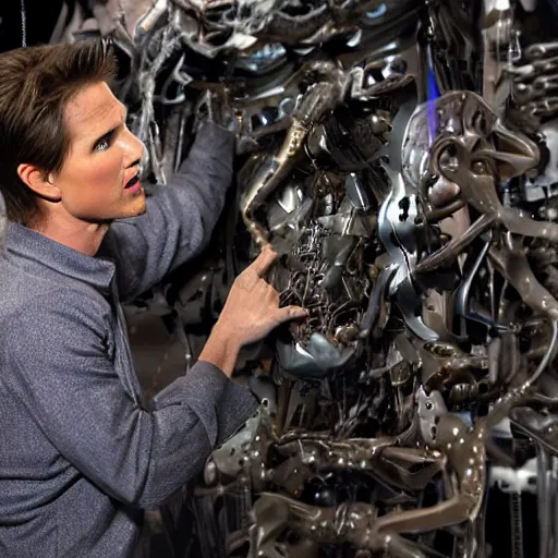 Image similar to animatronic Tom Cruise, exposed mechanics, photo, Stan Winston studios, detailed, 4k