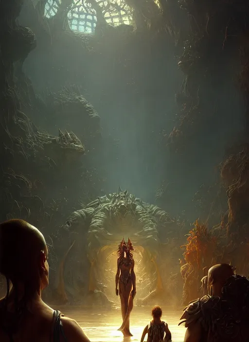 Image similar to A demon looks a an aquarim with people in it, sunrays, dust in the air, DnD character, unreal engine, octane render, dramatic lighting, pond, digital art, by Stanley Artgerm Lau, greg rutkowski, thomas kindkade, alphonse mucha, loish, norman Rockwell,