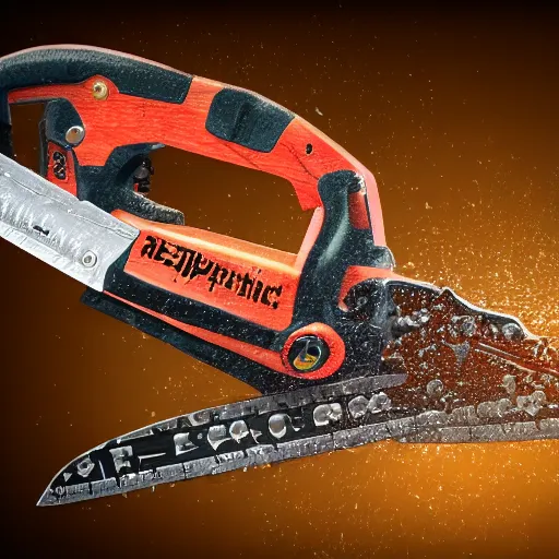 Image similar to photorealistic chainsaw cutting wood. hyperdetailed photorealism, 1 0 8 megapixels, amazing depth, high resolution, 3 d shading, 3 d finalrender, 3 d cinematic lighting, glowing rich colors, psychedelic overtones, artstation concept art.