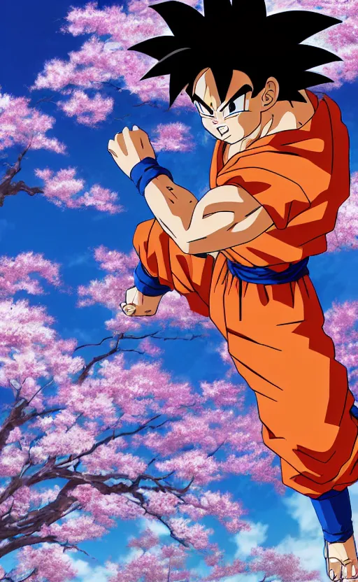 Image similar to an ultrawide photo of goku standing in front of sakura trees, studio ghibli concept art, detailed face, beautiful face, beautiful eyes, beautiful lighting, hdr, 4 k