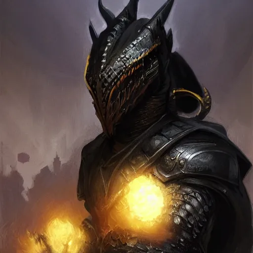 Image similar to digital art painting of a black dragonborn!!! wearing ( ( armored ) ) wizard robes!!!, dnd portrait painted by craig mullins and gaston bussiere and greg rutkowski