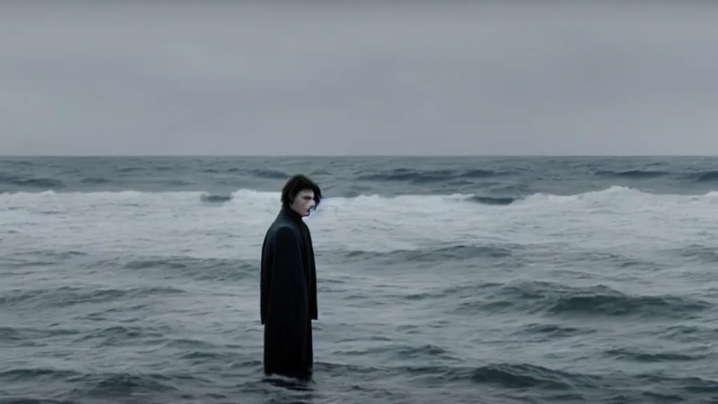 Image similar to Cillian Murphy coming out of the ocean, film still from the movie directed by Denis Villeneuve with art direction by Zdzisław Beksiński, wide lens