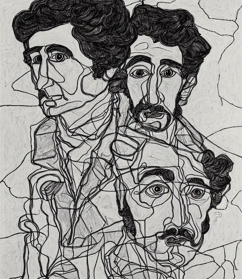 Prompt: detailed line art portrait of henry david thoreau, inspired by egon schiele. caricatural, minimalist, bold contour lines, musicality, soft twirls curls and curves, confident personality, raw emotion