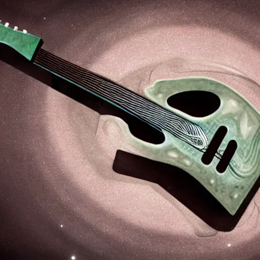 Image similar to a guitar being played by an alien in a cave in the style of H.R Giger