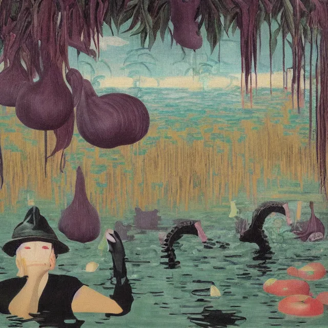 Image similar to painting of flood waters inside an art gallery, female emo art student, a river flooding indoors, pomegranates, pigs, ikebana, water, octopus, river, rapids, waterfall, black swans, canoe, berries, acrylic on canvas, surrealist, by magritte and monet