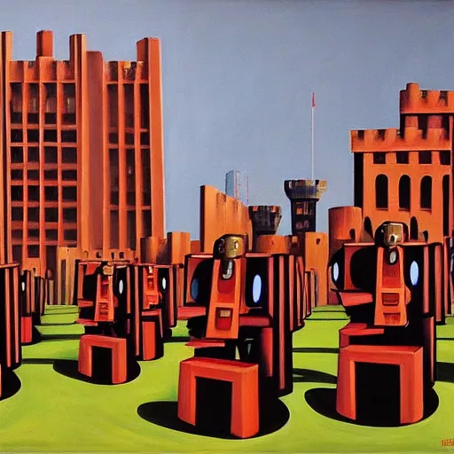 Prompt: line of robots guarding a brutalist castle, evil visages, dystopian, pj crook, edward hopper, oil on canvas