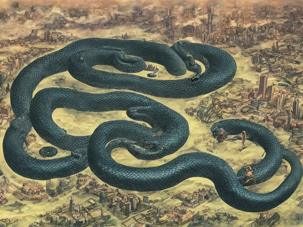 Prompt: Giant anaconda snake coiled around a large white cloud, above a deserted, post-apocalyptic city. Painting by Lucas Cranach, Roger Dean.