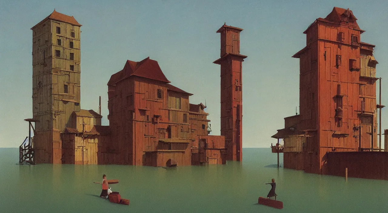 Prompt: single flooded simple wooden tall! tower, very coherent and colorful high contrast!! masterpiece by rene magritte simon stalenhag carl spitzweg syd mead norman rockwell edward hopper james gilleard, minimalist, dark shadows, sunny day, hard lighting