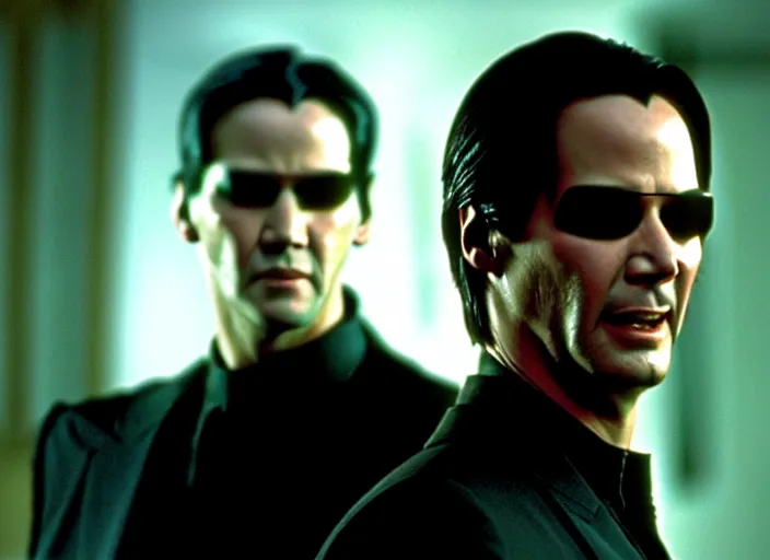 Image similar to Film still of Keanu Reeves as Neo in The Matrix movie doing a thumb up to the camera in front on burning servers, servers in flames in the background, doing a thumb up, The Matrix servers on fire, uncropped, full body, crispy, symmetrical face, ultra detailed, cinematic