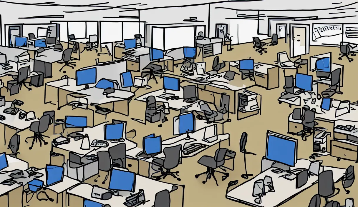 Image similar to a cartoon drawing of an office with desks chairs computers and other office equipment