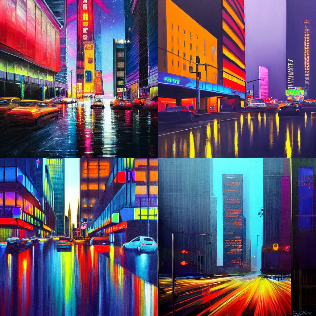 Prompt: downtown los angeles. colorful night rain after midnight. skyscrapers. reflections everywhere. highly detailed painting by slava ilyayev in neo noir style.