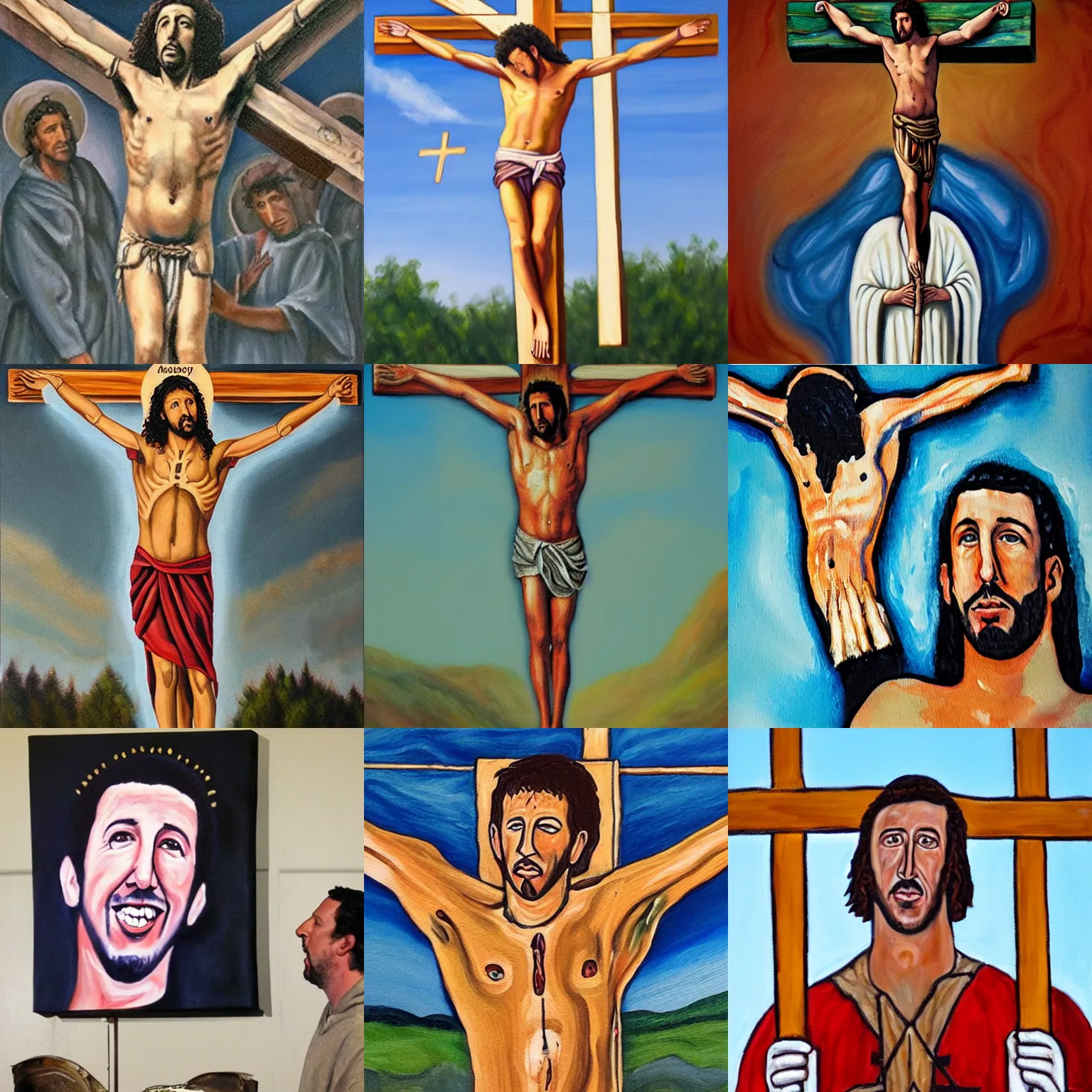 Prompt: a painting of Adam Sandler crucified