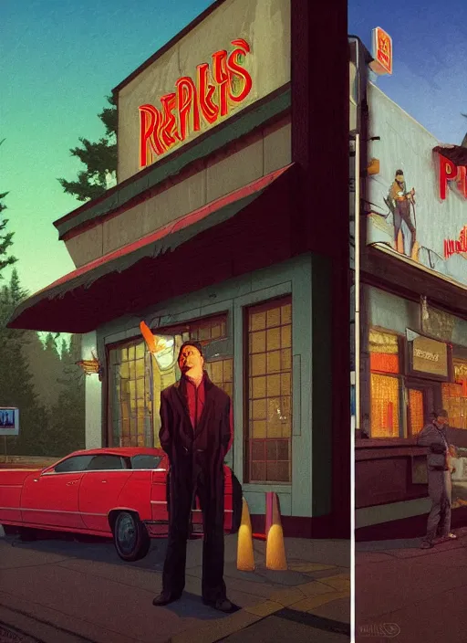 Prompt: Twin Peaks poster artwork by Michael Whelan and Tomer Hanuka, Rendering of Jack Black outside of the Roadhouse bar from scene from Twin Peaks, full of details, by Makoto Shinkai and thomas kinkade, Matte painting, trending on artstation and unreal engine