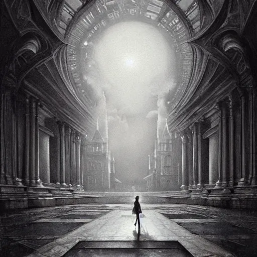 Image similar to By Tom Bagshaw, ultra realist soft painting of a castle court by night, centered fading Emma watson fully dressed, horror, omnious sky, symmetry accurate features, very intricate details, black and white, volumetric light clouds, 8K