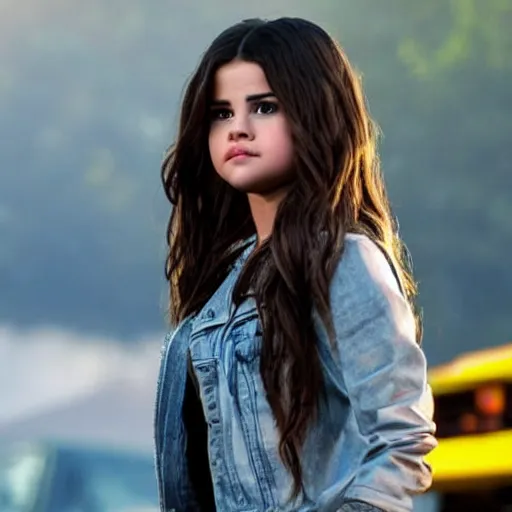 Image similar to High quality movie still of Selena Gomez as Mikaela in Michael Bay's Transformers