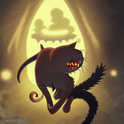 Image similar to deeply scared cat running away from the giant carnivorous sandwich, artstation hq, dark phantasy, stylized, symmetry, modeled lighting, detailed, expressive, true unsimulated emotions, created by hayao miyazaki