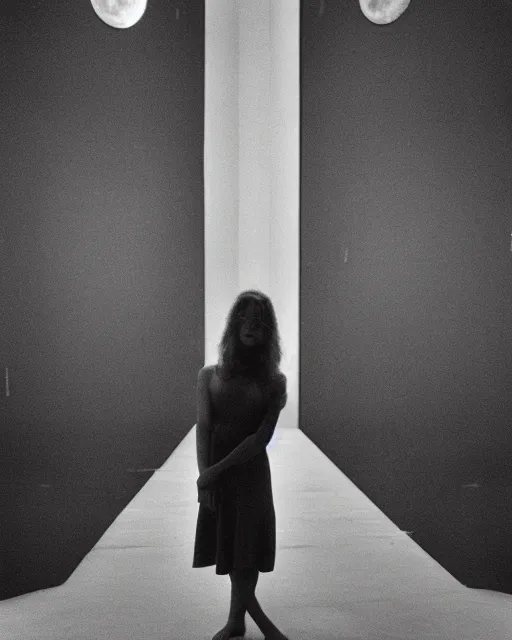 Prompt: a beautiful but horrifying young woman wearing an austere dress is standing in a vast and empty gallery. blood is on the walls, and the moon is shining through the windows. photographed in the 1 9 7 0 s, illustration