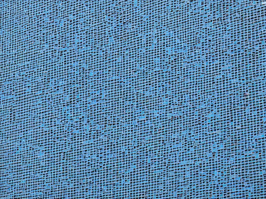 Image similar to a perfect portrait photograph of a human being reduced to an ordered set of pixels, sorted by the blue channel value, each pixel is a 1 meter plastic cube glued to the outside of a horrific government building in azerbaijan.