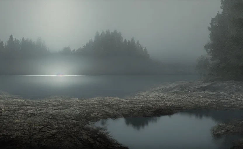 Prompt: a strange lake directed by charlie kaufman ( 2 0 0 1 ) anamorphic lenses, heavy fog volumetric light, cinematic trending on artstation in the style of greg rutkowski