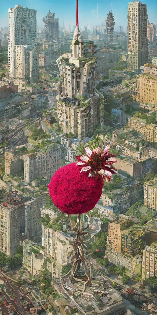 Image similar to giant grotesque flower in the middle of abandoned post soviet constructivist cityscape, Stalinist architecture, ultradetailed by Hayao Miyazaki and Josan Gonzalez and Makoto Shinkai and Giuseppe Arcimboldo and Wes Anderson