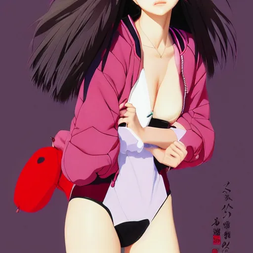 Image similar to a beautiful japanese natalie portman gravure model, wearing oversized native designer bomber jacket and leotard, bulky poofy bomber jacket with mesoamerican patterns, mesoamerican native street fashion, gapmoe yandere grimdark, trending on pixiv fanbox, painted by greg rutkowski makoto shinkai takashi takeuchi studio ghibli, akihiko yoshida