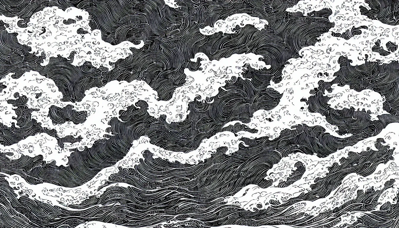 Prompt: huge waves far out at sea drawing by Victo Ngai, minimalist, detailed, horizon, black and white, kilian eng, josan gonzalez