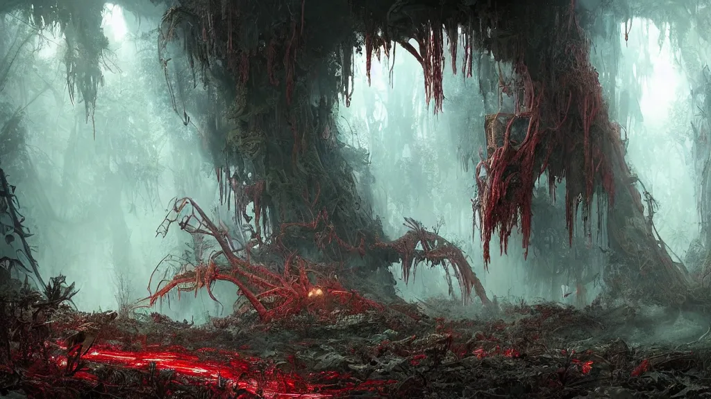 Image similar to dramatic Photorealistic dramatic Matte painting,Looking through deep inside an Alien planets dense red forest,a gigantic crashed derelict spaceship where a lone astronaut in a white spacesuit with lights is exploring outside,hundreds of tall gigantic monster carnivorous Red Venus Flytrap plants and glowing bulbs,translucent wet and slimy plant life by Greg Rutkowski,Craig Mullins,Fenghua Zhong,a misty haze,Beautiful dramatic moody nighttime lighting,Cinematic Atmosphere, Volumetric Lighting,Terragen,Octane Render,8k