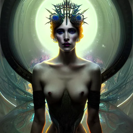 Prompt: extremely psychedelic beautiful cyborg queen of lsd infected by night. intricate, elegant, highly detailed, extremely lifelike photorealistic digital painting, artstation. steichen, gaston bussiere, tom bagshaw, cyberpunk alphonse mucha. elegant minimalism. anatomically correct. sultry. sharp focus. black, white. surreal lush hallucination