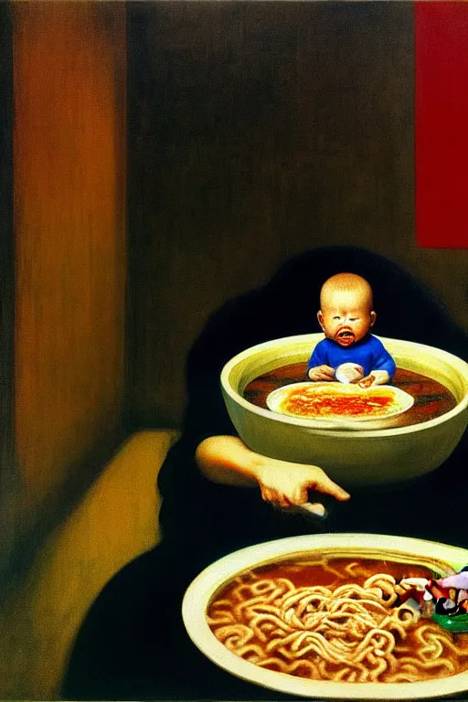 Image similar to evil human giant baby eating a huge bowl of ramen in new york city, traditional chinese restaurant, hauntingly surreal, highly detailed painting by francis bacon, edward hopper, adrian ghenie, gerhard richter, and james jean soft light 4 k,