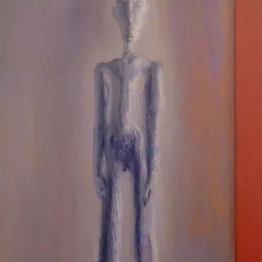 Image similar to a painting of a ethereal ghost standing close to camera in the style of alberto giacometti, acrylic, twilight, glows, detailed,