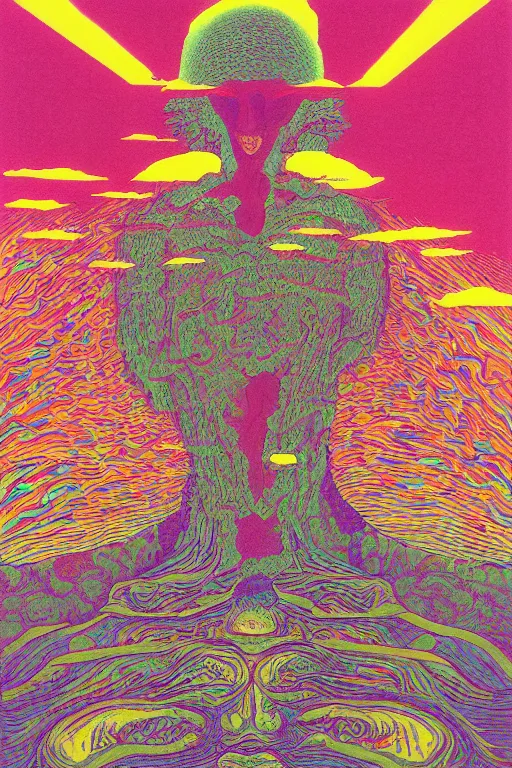 Prompt: a paper blotter tab of LSD acid on a tongue melting into a surreal psychedelic hallucination, screenprint by kawase hasui, moebius and dan hillier, colorful flat surreal design, hd, 8k, artstation