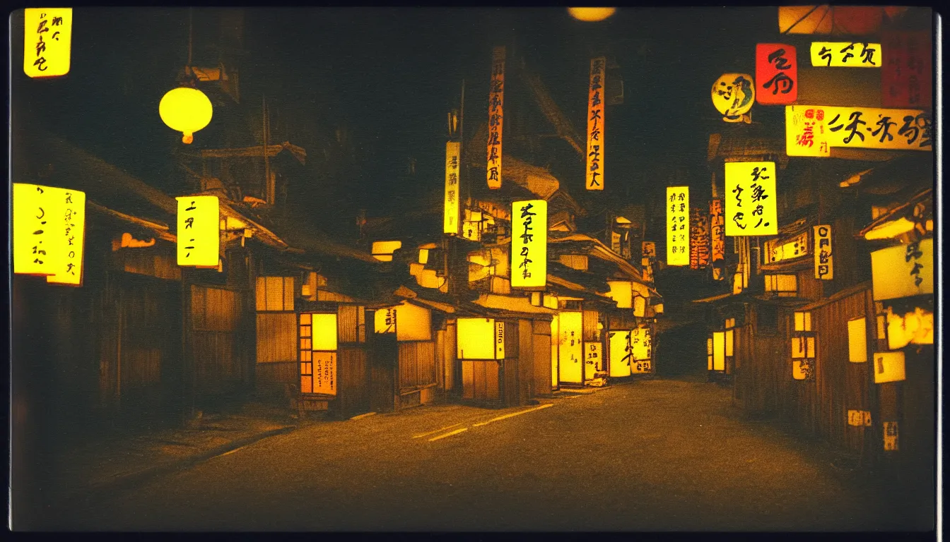 Image similar to colorful instant photograph of old japanese street at night, polaroid, light leak, raw, nostalgic