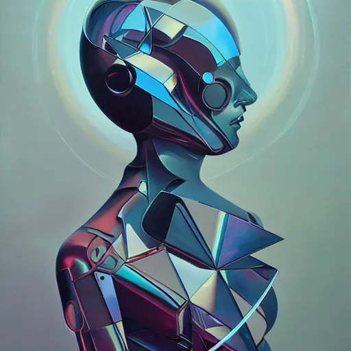 Prompt: scifi futurism automaton minimalism chrome by peter mohrbacher art Hajime Sorayama airbrush hyperrealism model abstract shatter fragments cubism futurism pastel blue soft flat minimal