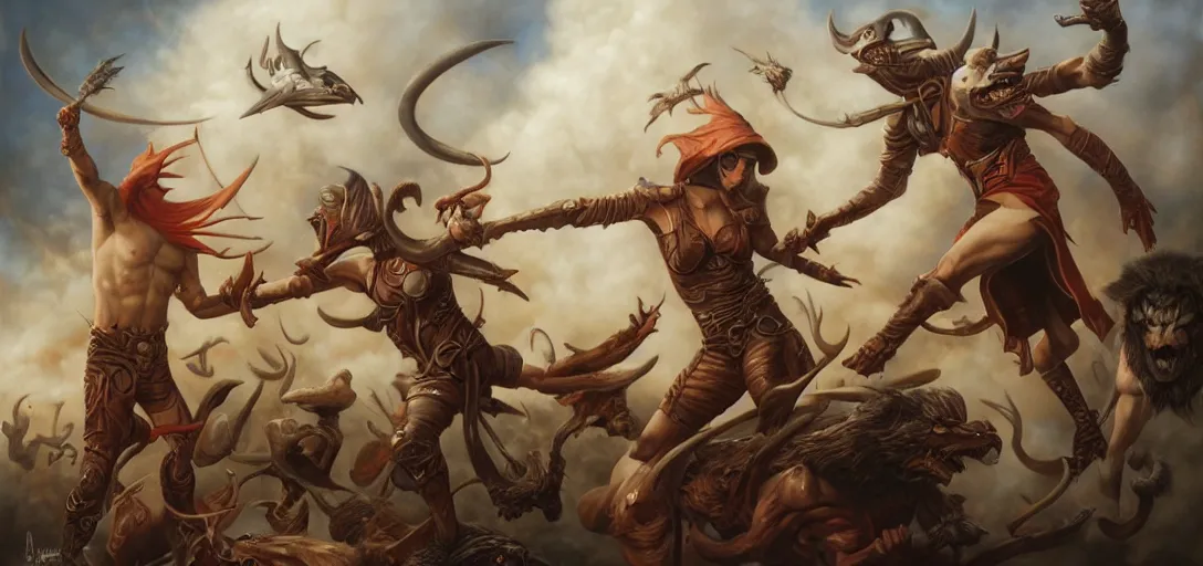 Image similar to alliance versus horde by Tom Bagshaw and Manuel Sanjulian and Boris Vallejo, Hyperrealism