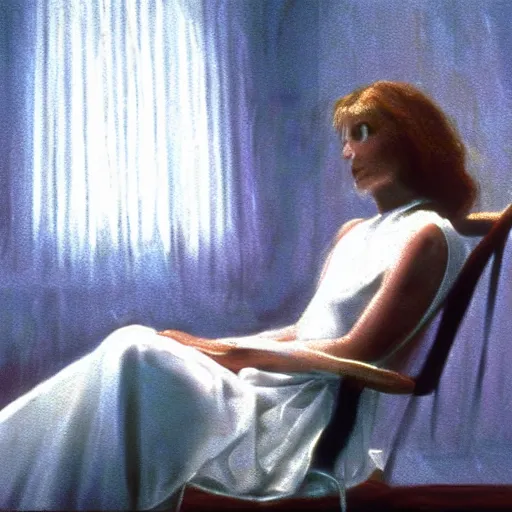 Image similar to a woman in a white dress sitting in a chair, concept art by john carpenter, volumetric lighting, photorealistic painting by jerry weiss, criterion collection