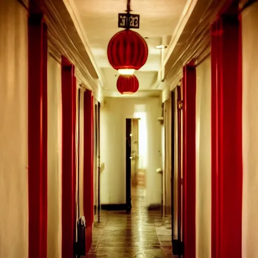 Prompt: a vintage hotel hallway with a red door at the end, dimly lit, surreal, dark, liminal,