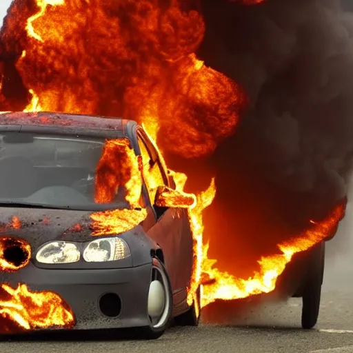 Prompt: Richard hammond driving away from huge explosion