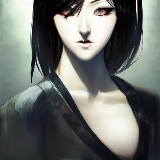 Prompt: heroine, beautiful, sui ishida with black hair, hyperrealistic, highly detailed, 8 k, a real photographic, digital art, character, realistic, portrait, female samurai, symatrical, dark atmospheric lighting, artstation, symetric, lineart