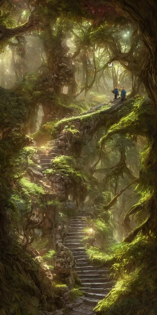 Prompt: a man walking up a steep and winding staircase, in magical woods, intricate, elegant, highly detailed, digital painting, fantasy, artstation, concept art, sharp focus, beautiful illustration, by justin gerard and artgerm, 8 k