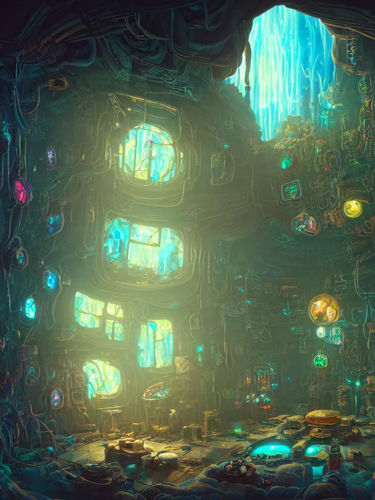Prompt: the interior of a celestial cyberpunk cottage in a bioluminescent tree trunk decorated beautifully, lots of cyberpunk design elements like gigantic toadstool mushrooms and robots, warm sunlight shining in, lots of plants and cables, concept art 8 k resolution, fantasy illustration, sharp focus, detailed painting, deep color, volumetric lighting, crepuscular rays